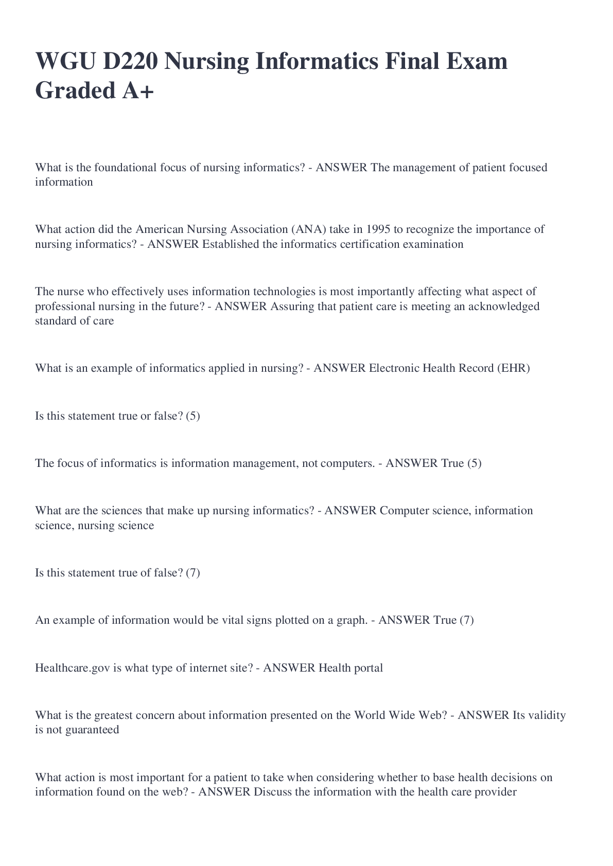 Preview image of WGU D220 Nursing Informatics Final Exam Graded A+ document
